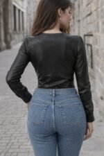 Kadın Uzun Kollu Derin V Yakalı Deri Zıbın - Görsel 3