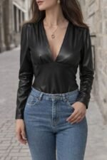 Kadın Uzun Kollu Derin V Yakalı Deri Zıbın - Görsel 2