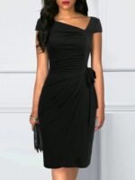 Kadın Kısa Kollu V Asimetrik Yaka Kesimli Yandan Bağlamalı Mini Janjan Krep Elbise - Görsel 2