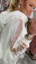 Kadın Uzun Kollu Kapşonlu Pulpayet Detay Viskon Iki Iplik Bluz Ve Pantolon Ikili Takım - Görsel 6