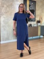 Kadın Kısa Kollu Bisiklet Yakalı Cepli önden Yırtmaçlı Viskon Iki Iplik Midi Elbise - Görsel 4