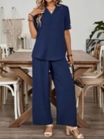 Kadın Kısa Kollu V Yakalı Aerobin Bluz Ve Pantolon Ikili Takım - Görsel 2