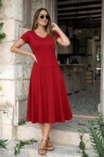 Kadın Kısa Kollu V Yakalı Yırtmaçlı Midi Viskon Elbise - Görsel 2