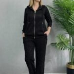 Kadın Uzun Kollu Kapşonlu Fermuarlı Taşlı önü Fermuarlı Viskon Iki Iplik Bluz Ve Eşofman Altı Ikili Takım