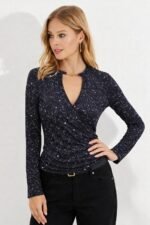 Kadın Uzun Kollu Kruvaze Yakalı Aksesuarlı Dalgıç Bluz - Görsel 3