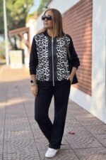 Kadın Uzun Kollu önden Fermuarlı Leopar Desenli Viskon Iki Iplik Bluz Ve Pantolon Ikili Takım - Görsel 2