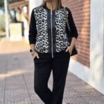 Kadın Uzun Kollu önden Fermuarlı Leopar Desenli Viskon Iki Iplik Bluz Ve Pantolon Ikili Takım