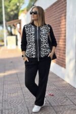 Kadın Uzun Kollu önden Fermuarlı Leopar Desenli Viskon Iki Iplik Bluz Ve Pantolon Ikili Takım