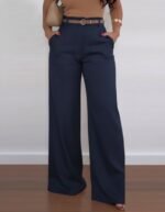 Kadın Yüksek Bel Geniş Paça Detaylı Cepli Ithal Krep Pantolon (kemersiz) - Görsel 3