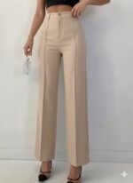 Bordo Renk Yüksek Bel Maskülen Kesim Kumaş Pantolon