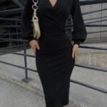 Kadın Kruvaze Yaka Balon Kol Simli Krep Kumaş Midi Boy Elbise