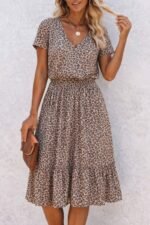 Kadın Kısa Kollu V Yakalı Beli Lastikli Midi Süprem Elbise - Görsel 3