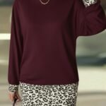 Kadın Uzun Kollu Bisiklet Yaka üst Viskon Iki Iplik Alt Leopar Desenli Mini Elbise