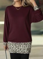 Kadın Uzun Kollu Bisiklet Yaka üst Viskon Iki Iplik Alt Leopar Desenli Mini Elbise