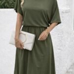 Kadın Kısa Kollu Omuzdan Açık Kiloş Midi Viskon Elbise