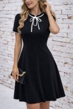 Kadın Kısa Kollu Yakadan Bağcıklı Ve Fırfırlı Midi Janjan Krep Elbise - Görsel 3