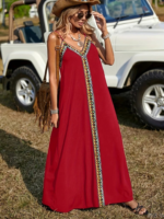 Kadın Askılı V Yakalı Etnik şerit Detaylı Uzun Viskon Elbise - Görsel 2