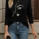 Kadın Uzun Kollu Bisiklet Yaka Yüz Desenli Viskon Bluz