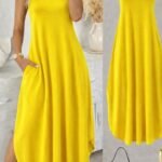 Kadın Ip Askılı Yuvarlak Yakalı Cepli Uzun Viskon Elbise