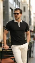 Erkek Düğme Yakalı Kontrast Yaka Triko Tişört - Görsel 3