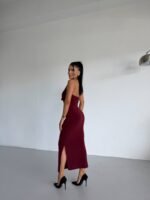 Kadın Boyun Aksesuarlı Halter Yaka Maxi Boy Sandy Kumaş Elbise - Görsel 7