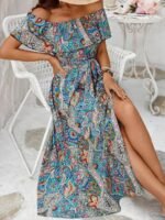 Kadın Kısa Kollu Madonna Yaka Fırfırlı Belden Yırtmaçlı Maksi Süprem Elbise - Görsel 2