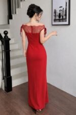 Kadın Göğüs Ve Yakası Dantel Detaylı Kayık Yaka Görünümlü Uzun Ithal Krep Elbise - Görsel 2