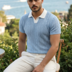 Erkek Desenli Kısa Kollu Triko Tişört - %100 Pamuk Akrilik