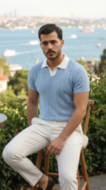 Erkek Desenli Kısa Kollu Triko Tişört - %100 Pamuk Akrilik