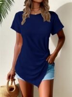 Kadın Kısa Kollu Bisiklet Yaka Asimetrik Kesim Detaylı Viskon Bluz - Görsel 3