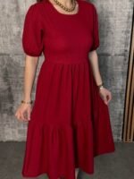 Kadın Kısa Kollu Yakası Açık Katlı Bürümcük Balon Elbise - Görsel 2