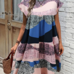 Kadın Kısa Kollu Bisiklet Yaka Kare Desenli Dalgıç Elbise