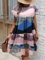 Kadın Kısa Kollu Bisiklet Yaka Kare Desenli Dalgıç Elbise