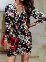 Kadın Uzun Kollu Kruvaze Yaka ön Kısım Büzgülü Dalgıç Mini Boy Elbise - Görsel 3