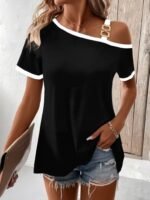 Kadın Kısa Kollu Tek Omuzu Açık Askı Toka Detaylı Viskon Bluz - Görsel 3