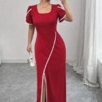 Kadın Kısa Kollu Kare Yakalı önden çapraz Kesim Detaylı Krep Elbise