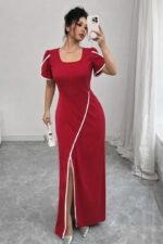 Kadın Kısa Kollu Kare Yakalı önden çapraz Kesim Detaylı Krep Elbise