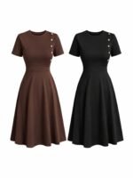 Kadın Kısa Kollu Bisiklet Yaka Gold Düğme Detay Midi Boy Elbise - Görsel 9