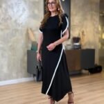 Kadın Kısa Kollu Bisiklet Yaka çift şerit Renk Detaylı Asimetrik Kesim Viskon Iki Iplik Elbise