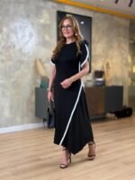 Kadın Kısa Kollu Bisiklet Yaka çift şerit Renk Detaylı Asimetrik Kesim Viskon Iki Iplik Elbise