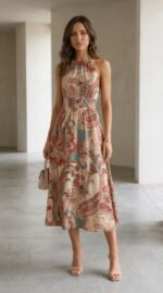 Kadın Kolsuz Boyundan Bağlamalı Beli Lastikli Dijital Baskı Süprem Uzun Elbise - Görsel 7