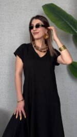 Kadın Kısa Kollu V Yaka Salaş Maxi Boy Elbise - Görsel 4