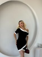 Kadın Kısa Kollu Asimetrik Kesim Yaka şerit Ve Aksesuar Detaylı Modal Elbise - Görsel 7