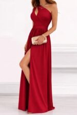 Kadın Omuzlardan Açık Asimetrik Yaka Detaylı Yırtmaçlı Maksi Boy Janjan Krep Elbise - Görsel 4