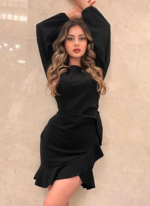 Kadın Uzun Kollu Bisiklet Yaka önden Volanlı Ithal Krep Elbise - Görsel 7