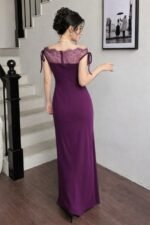 Kadın Göğüs Ve Yakası Dantel Detaylı Kayık Yaka Görünümlü Uzun Ithal Krep Elbise - Görsel 2