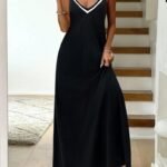 Kadın Ip Askılı V şerit Yakalı Uzun Viskon Elbise