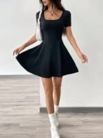 Kadın Kısa Kollu Kare Yaka Short Detaylı Cepli Dalgıç Elbise - Görsel 6