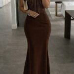 Kadın Omuz çoklu Askılı önü Taş Işlemeli Balık Kesim Janjan Krep Maxi Boy Elbise