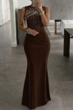 Kadın Omuz çoklu Askılı önü Taş Işlemeli Balık Kesim Janjan Krep Maxi Boy Elbise